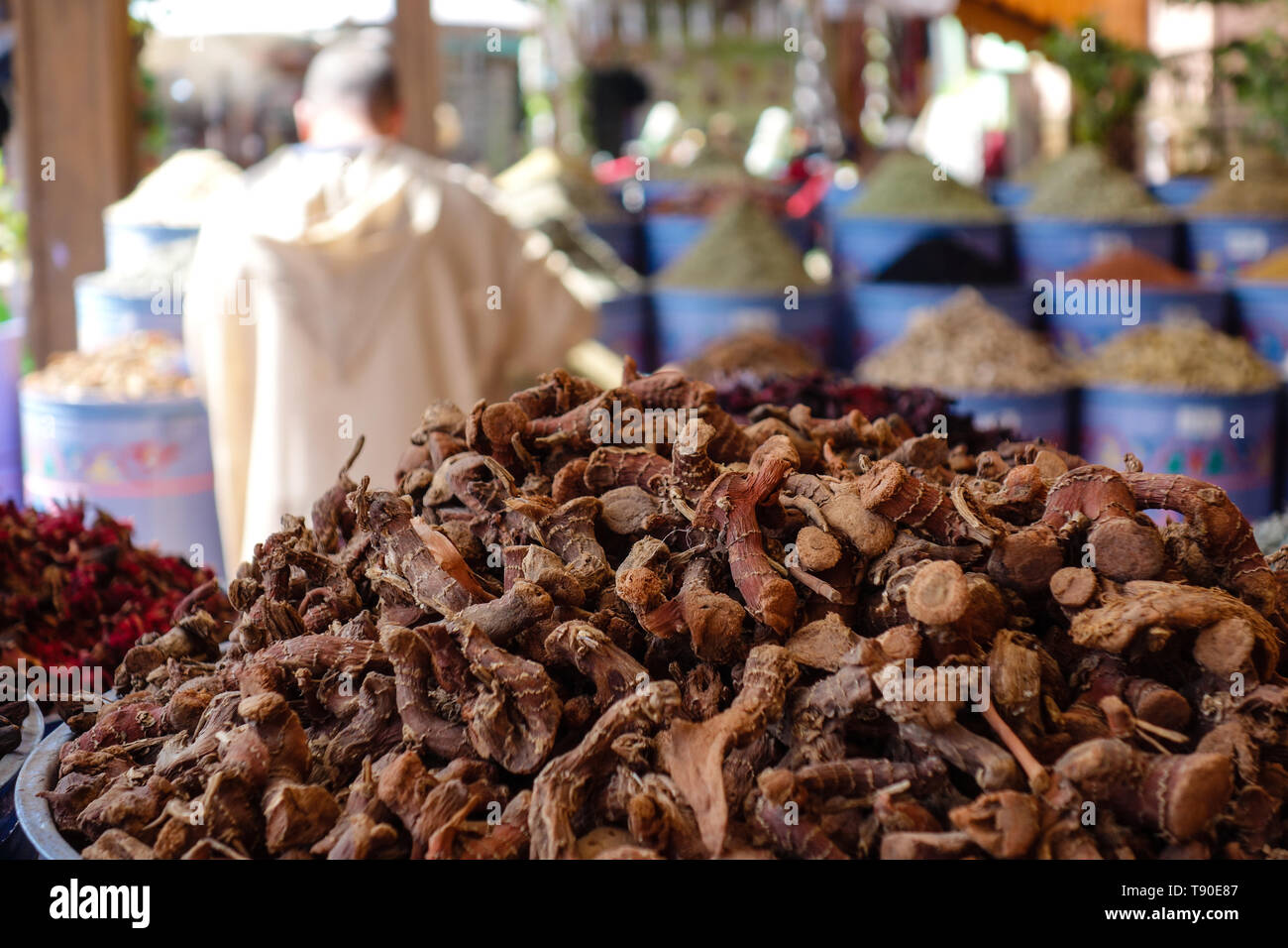 Pile of dried ginseng roots in a traditional spice shop on the bazaar in Marrakesh, Morocco Stock Photo