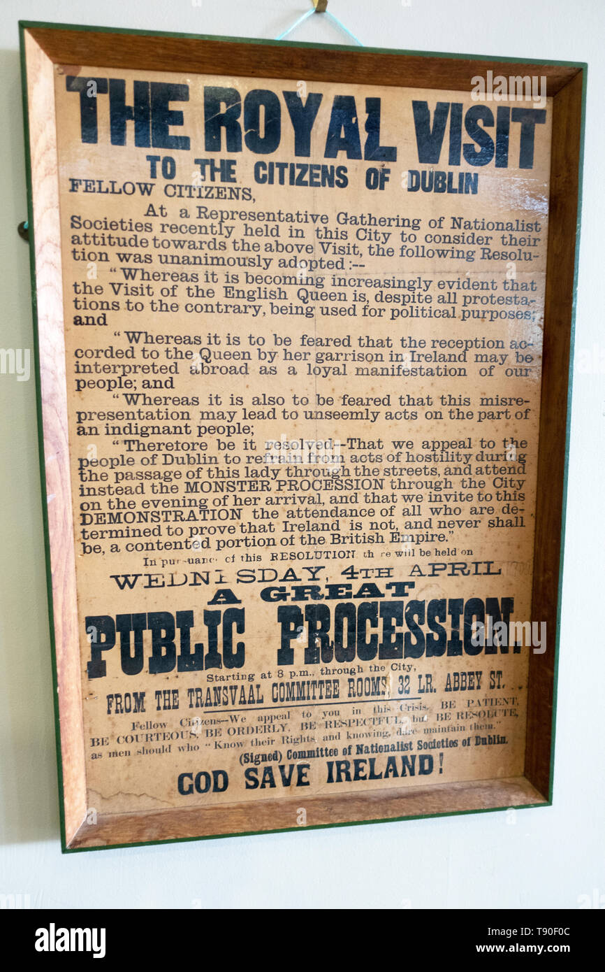 Dublin, Ireland - 10 March, 2019. Old Irish Nationalist Poster regarding The Royal Visit to the citizens of Dublin, Ireland displayed in Liberty Hall. Stock Photo