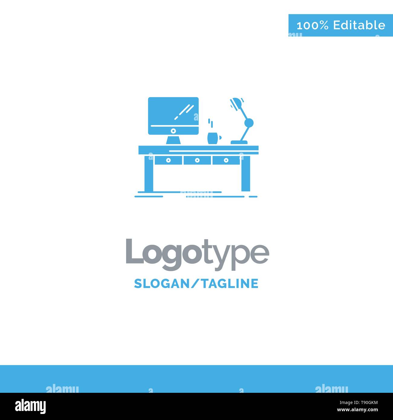 Workplace, Business, Computer, Desk, Lamp, Office, Table Blue Solid