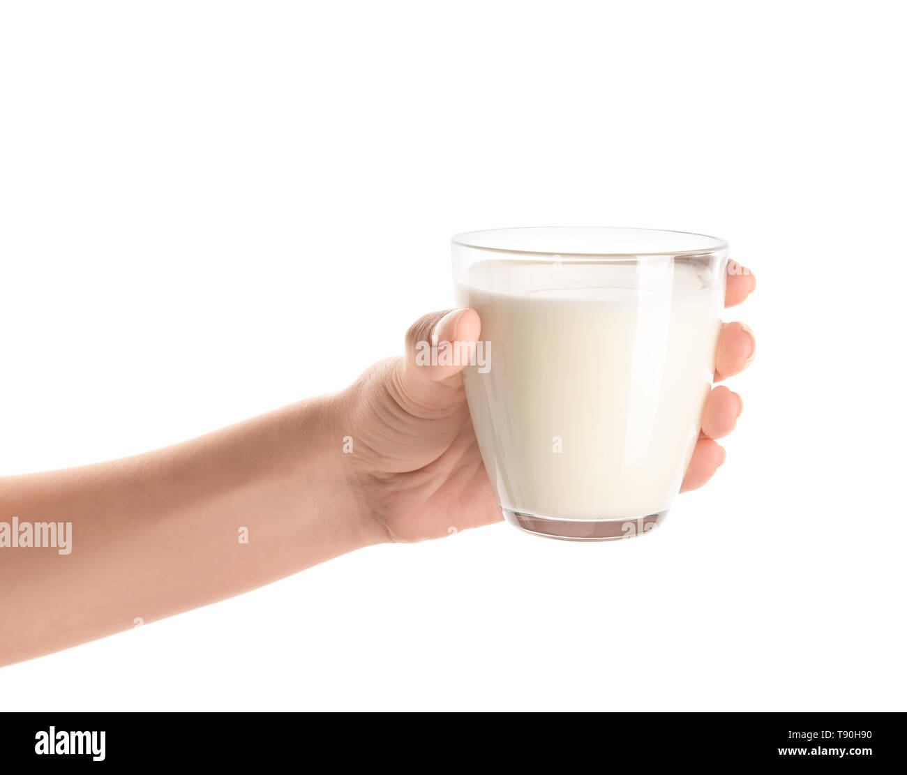 Woman holding glass of milk on white background Stock Photo