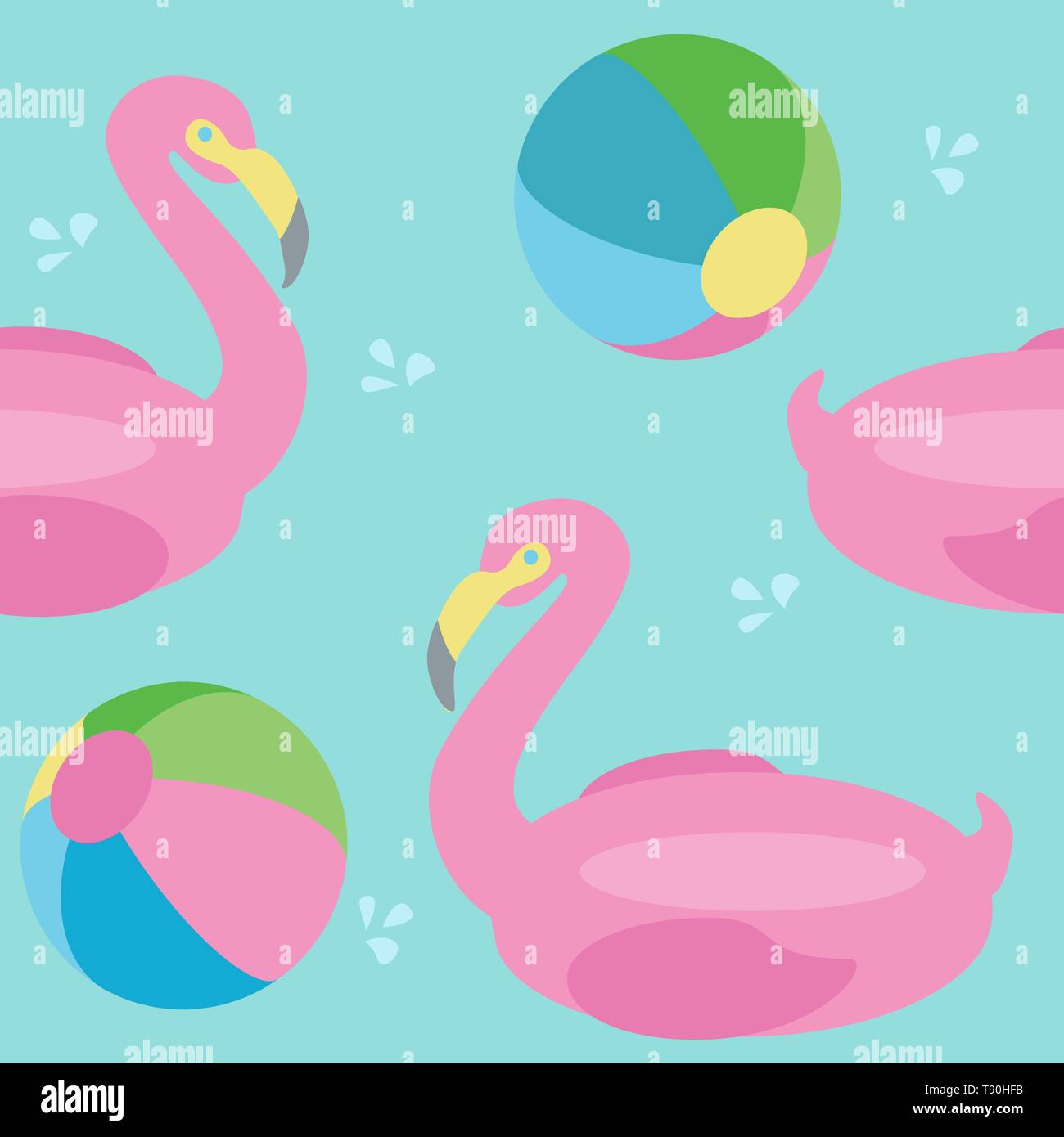 Flamingo floats and ball on swimming pool seamless pattern vector. Summer tile illustration. Swatches included. Stock Vector