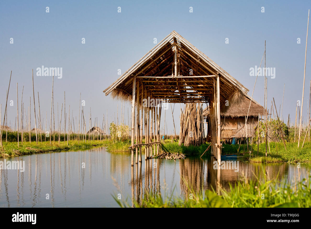 Stilted fisherman's house and boathouse on Inle Lake Myanmar (Burma) Stock Photo