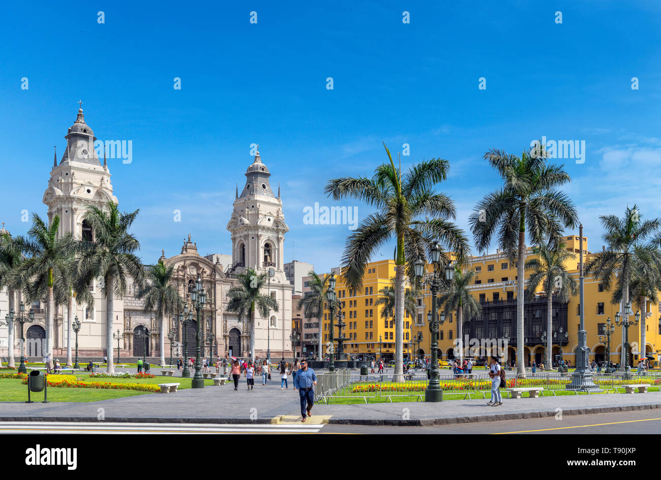 Lima Peru. Plaza de Armas (Plaza Mayor) in the historic centre (Centro Historico), looking towards the Cathedral, Lima, Peru, South America Stock Photo