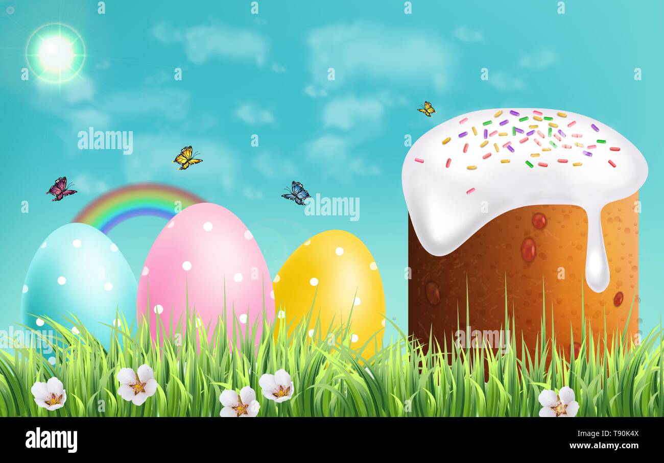 Easter Traditional sweet bread Vector realistic. Easter Eggs and