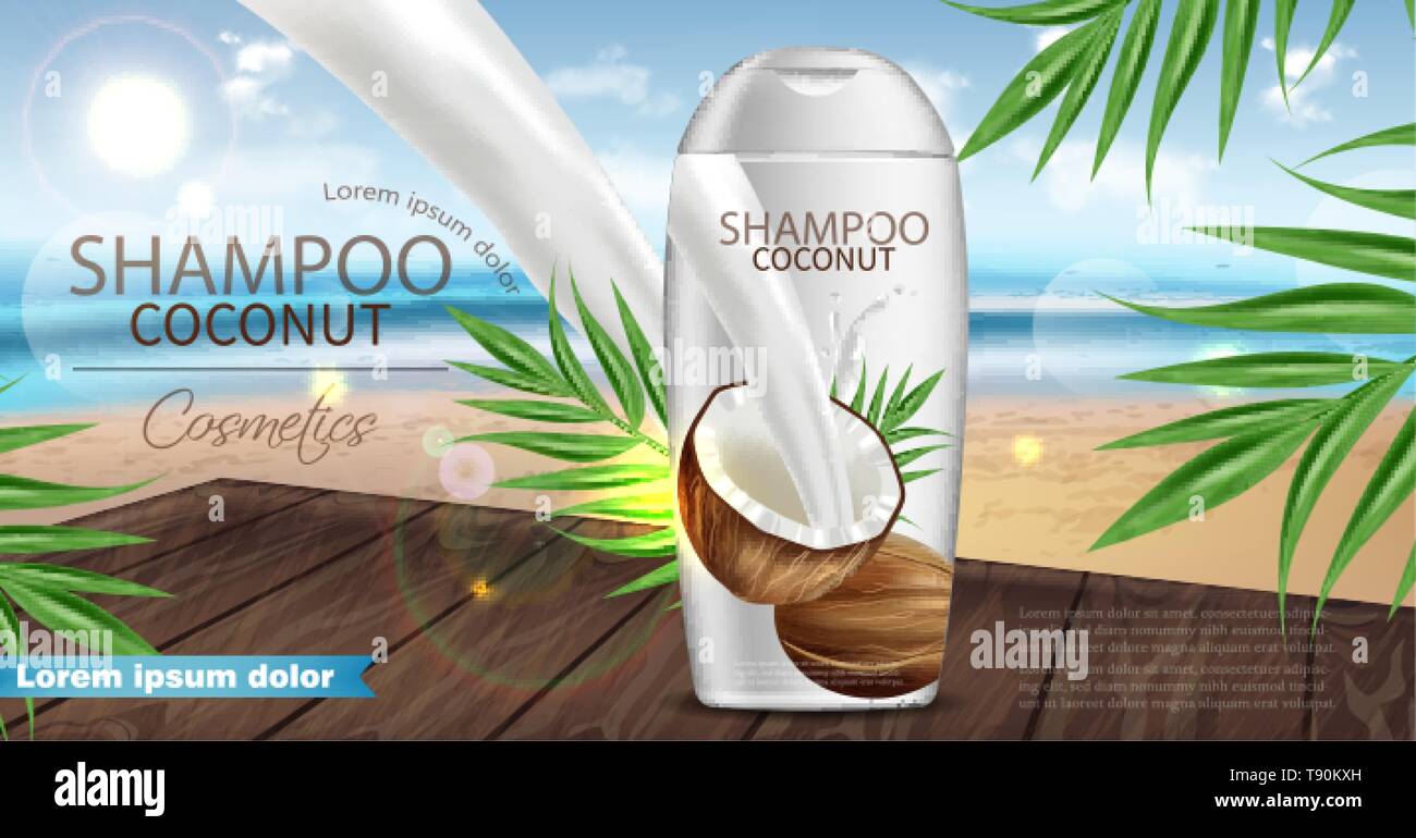 Coconut shampoo Vector realistic. Product packaging mock up. Tropic background coconut milk splash. 3d detailed illustration Vector Image & Art - Alamy