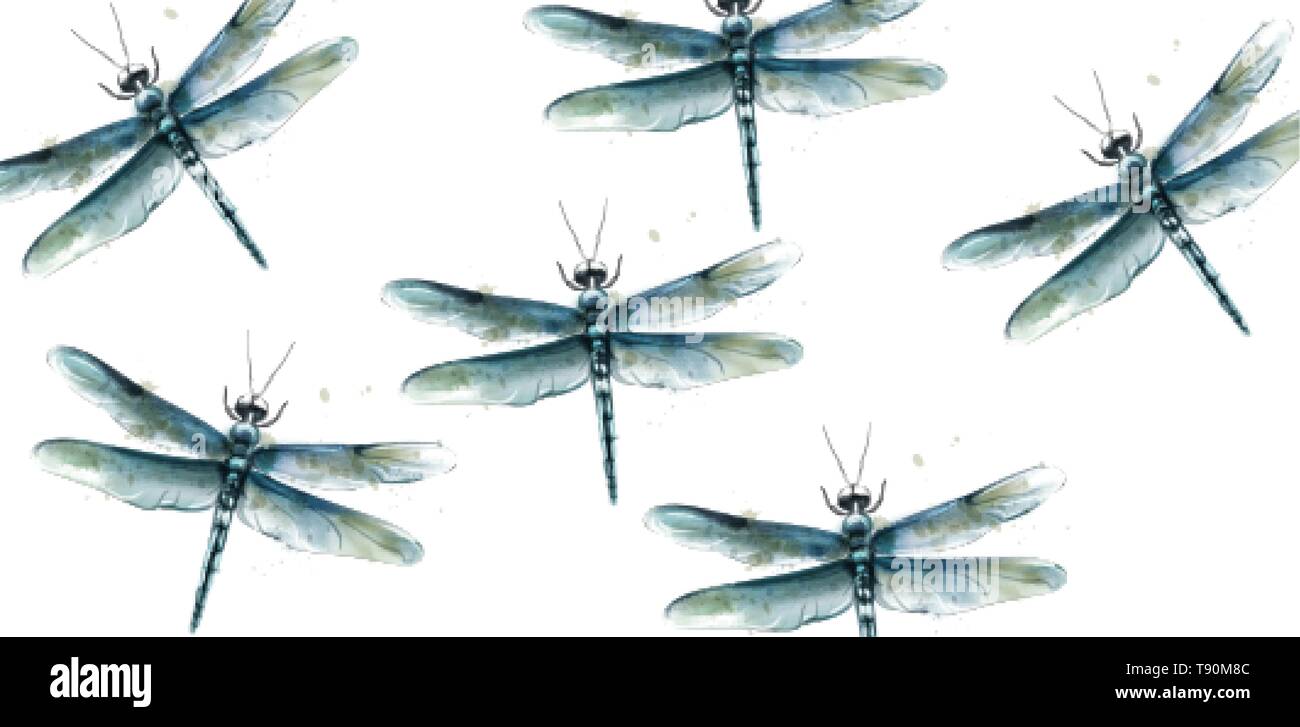 Dragon fly pattern Vector watercolor. Spring summer texture design Stock Vector