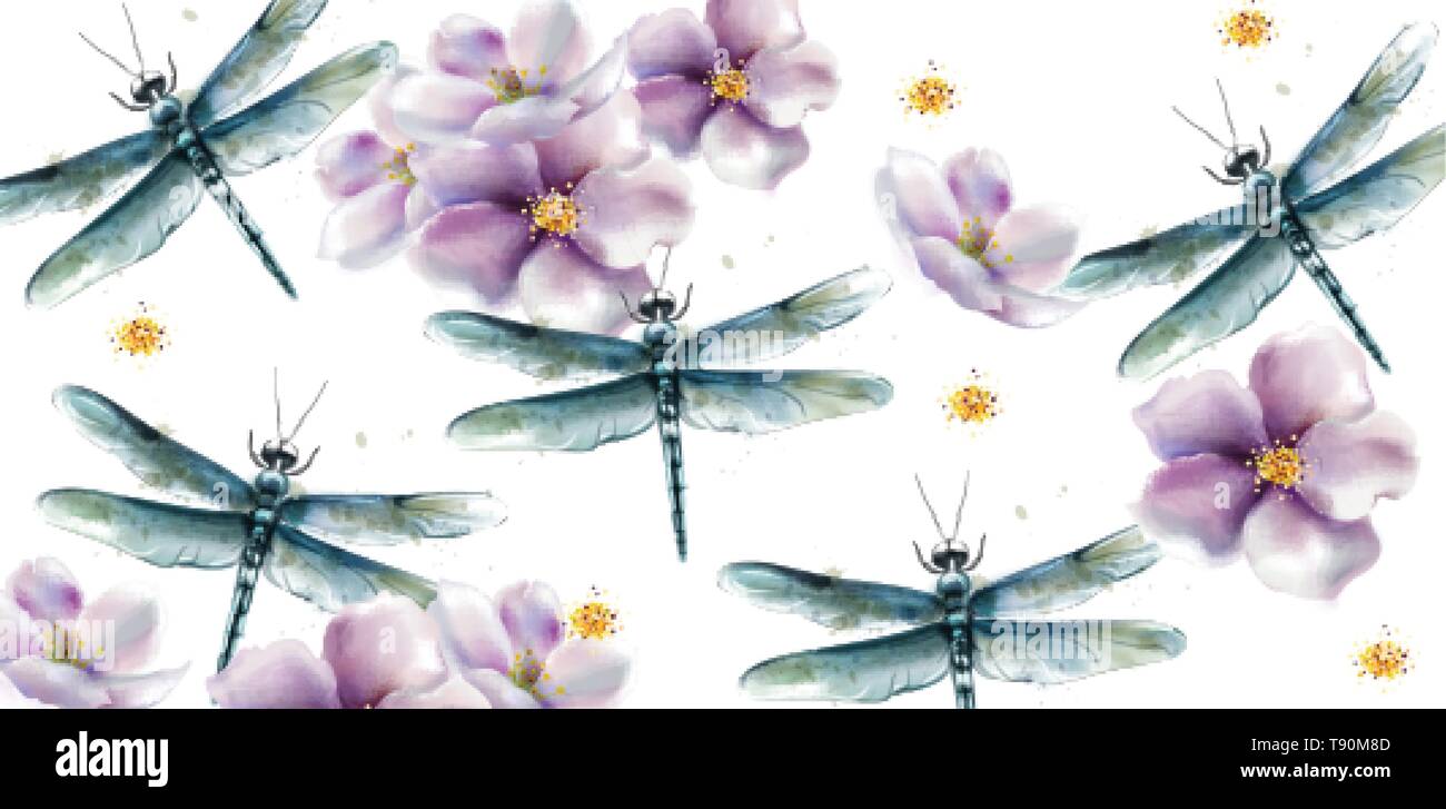 Dragon fly pattern Vector watercolor. Spring summer texture design Stock Vector
