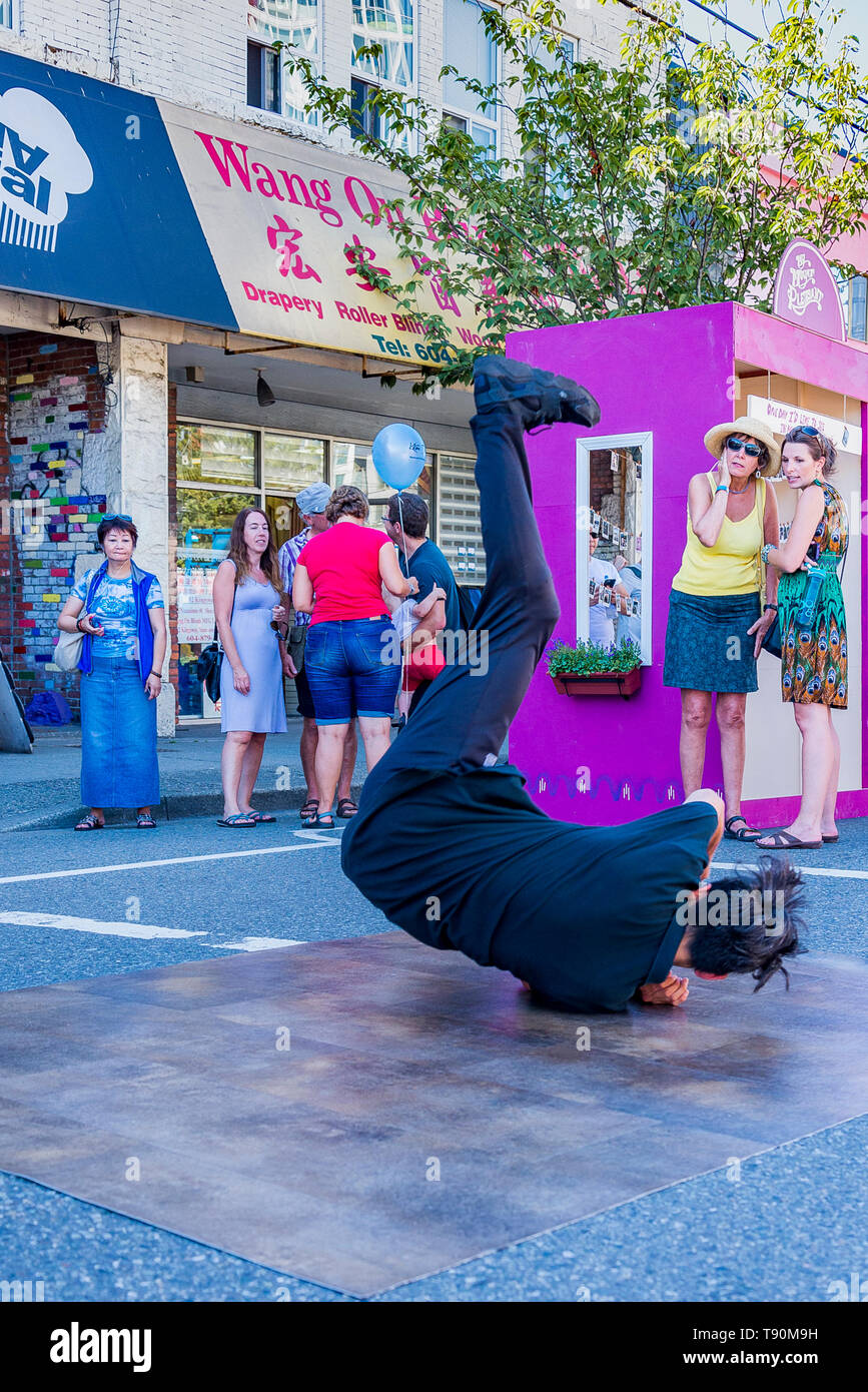 Street level hip hop break dancing demo, Main Street Car Free Day, Vancouver, British Columbia, Canada, Stock Photo