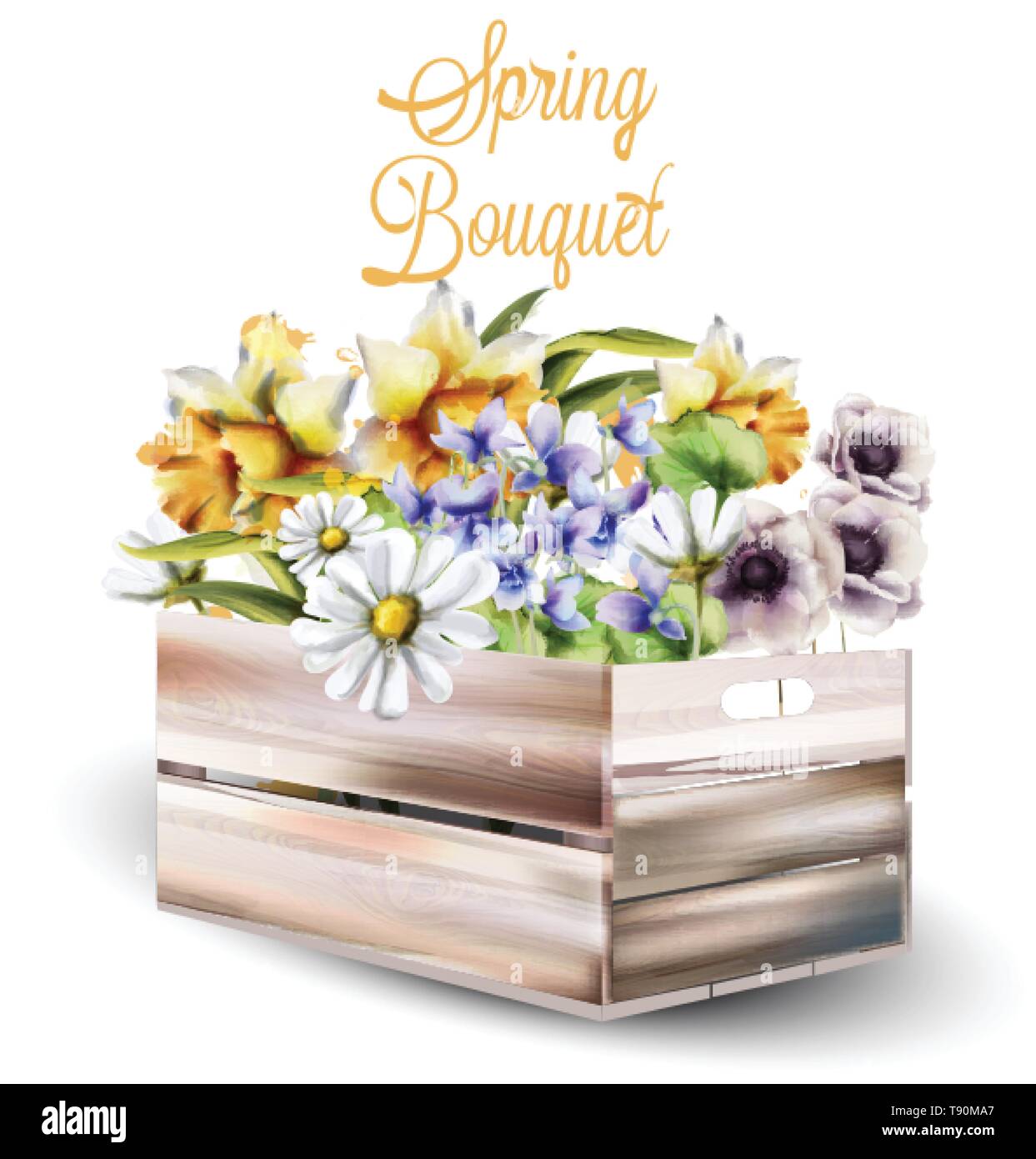 Spring Flowers Bouquet In A Box Vector Watercolor Spring Season