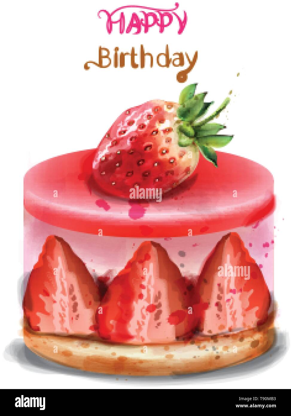 Strawberry birthday cake Vector watercolor. Happy birthday delicious ...