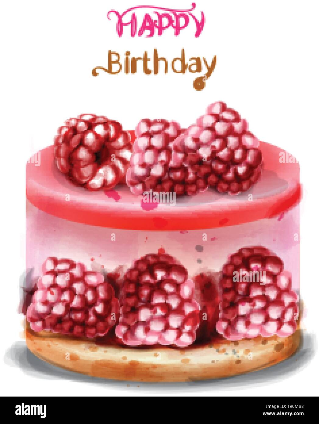 Raspberry birthday cake Vector watercolor. Happy birthday delicious ...