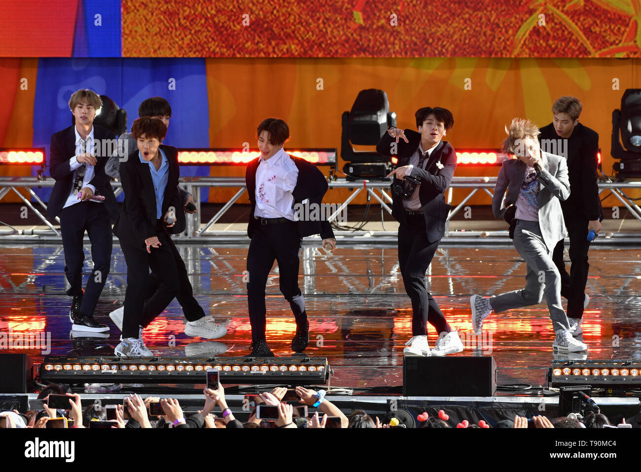 Kim Tae-hyung, Park Ji-min, Jungkook, Suga, Kim Seok-jin, RM and J-Hope of BTS perform on 'Good Morning America' on May 15, 2019 in New York City. Stock Photo