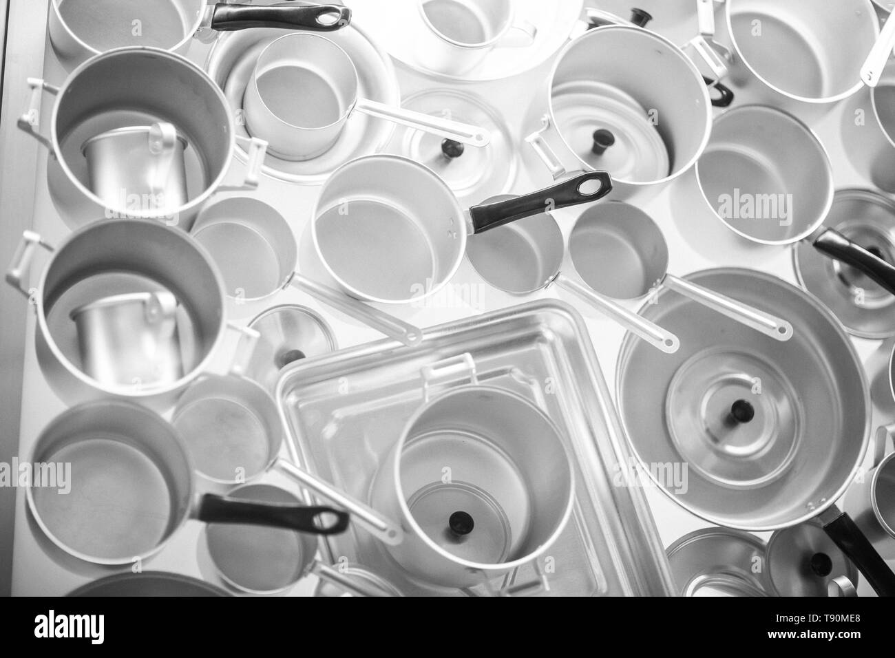 Black and white photo of of pots and pans Stock Photo
