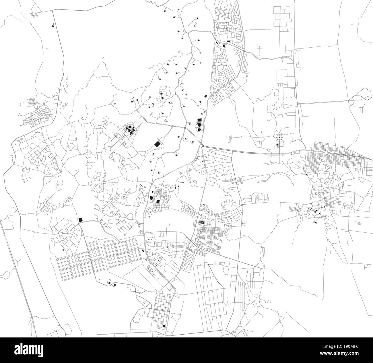 Satellite map of Naypyidaw. It is the capital city of Myanmar and the site of the Union Parliament. Map of streets and buildings of the town center Stock Vector