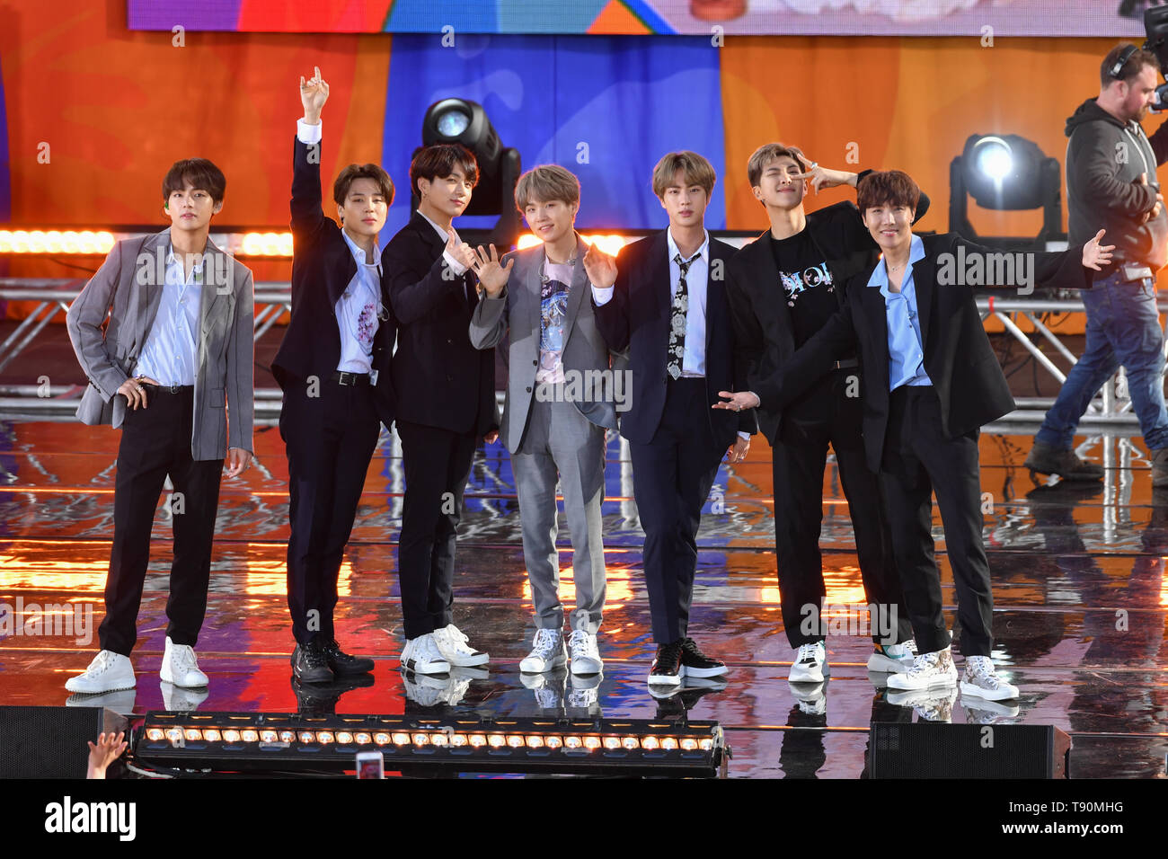 (L-R) Kim Tae-hyung, Park Ji-min, Jungkook, Suga, Kim Seok-jin, RM and J-Hope of BTS perform on 'Good Morning America's Summer Concert Series' from Ru Stock Photo