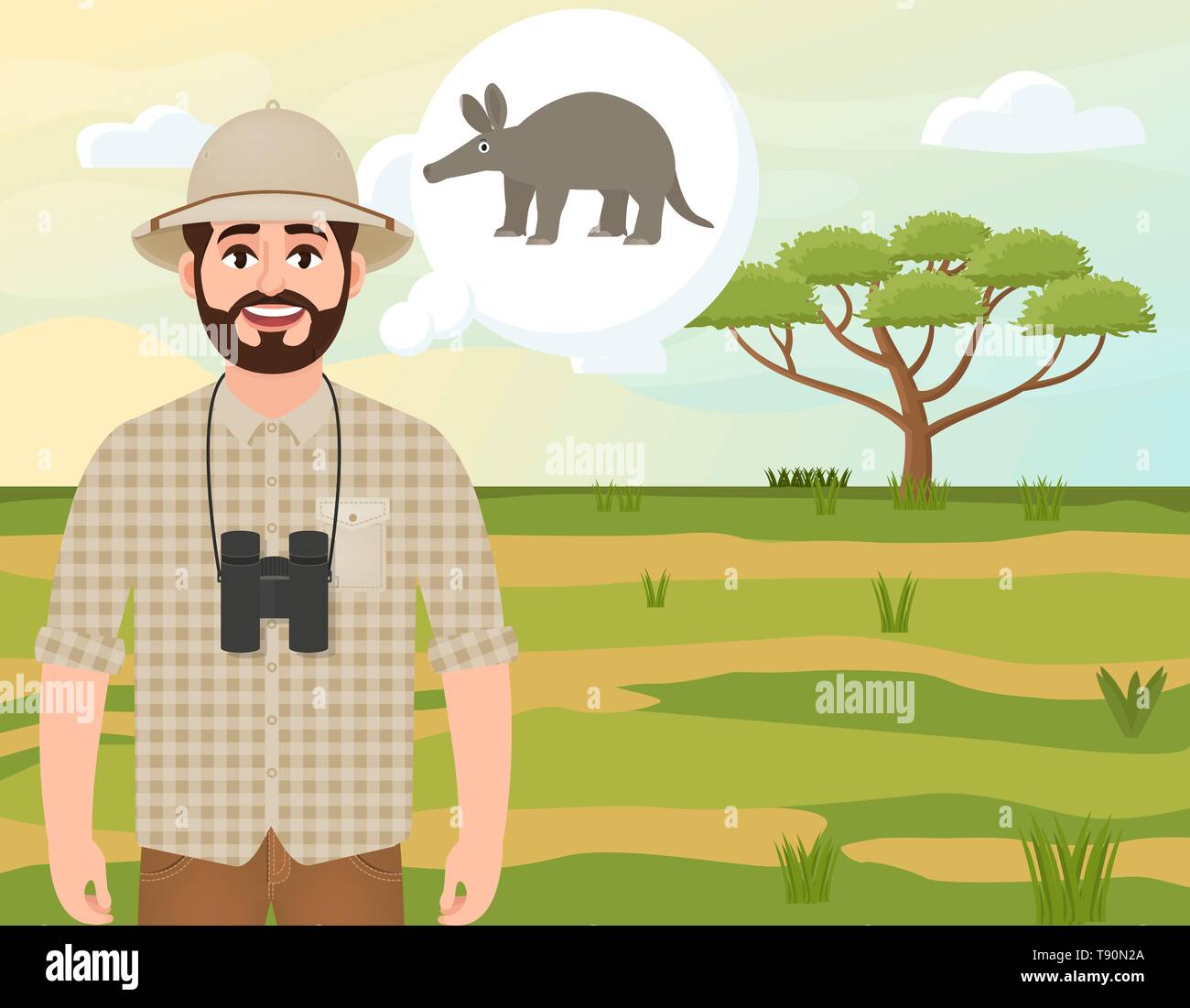 Happy man in cork hat, animal hunter thinks about aardvark, safari landscape, acacia umbrella, African countryside, vector illustration Stock Vector