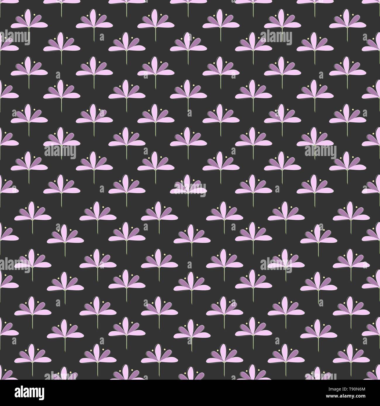 Seamless Pattern: Repeating Lila und Violet Blossoms on Dark Background. Stock Vector