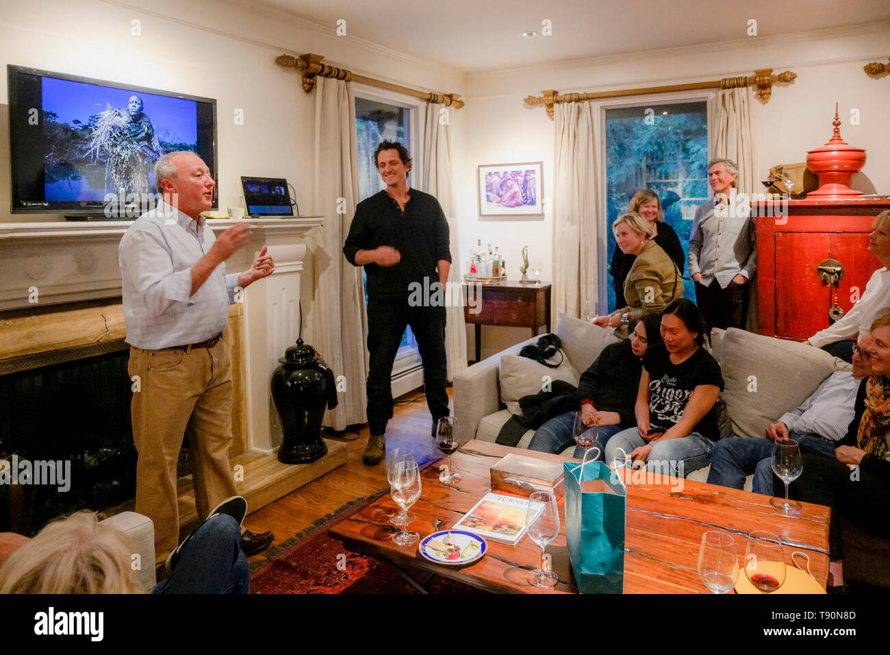 Mark Ponter, Director, African Wildlife Foundation, introduces  the founder of the Akashinga initiative, Damien Mander to talk about anti poaching me Stock Photo