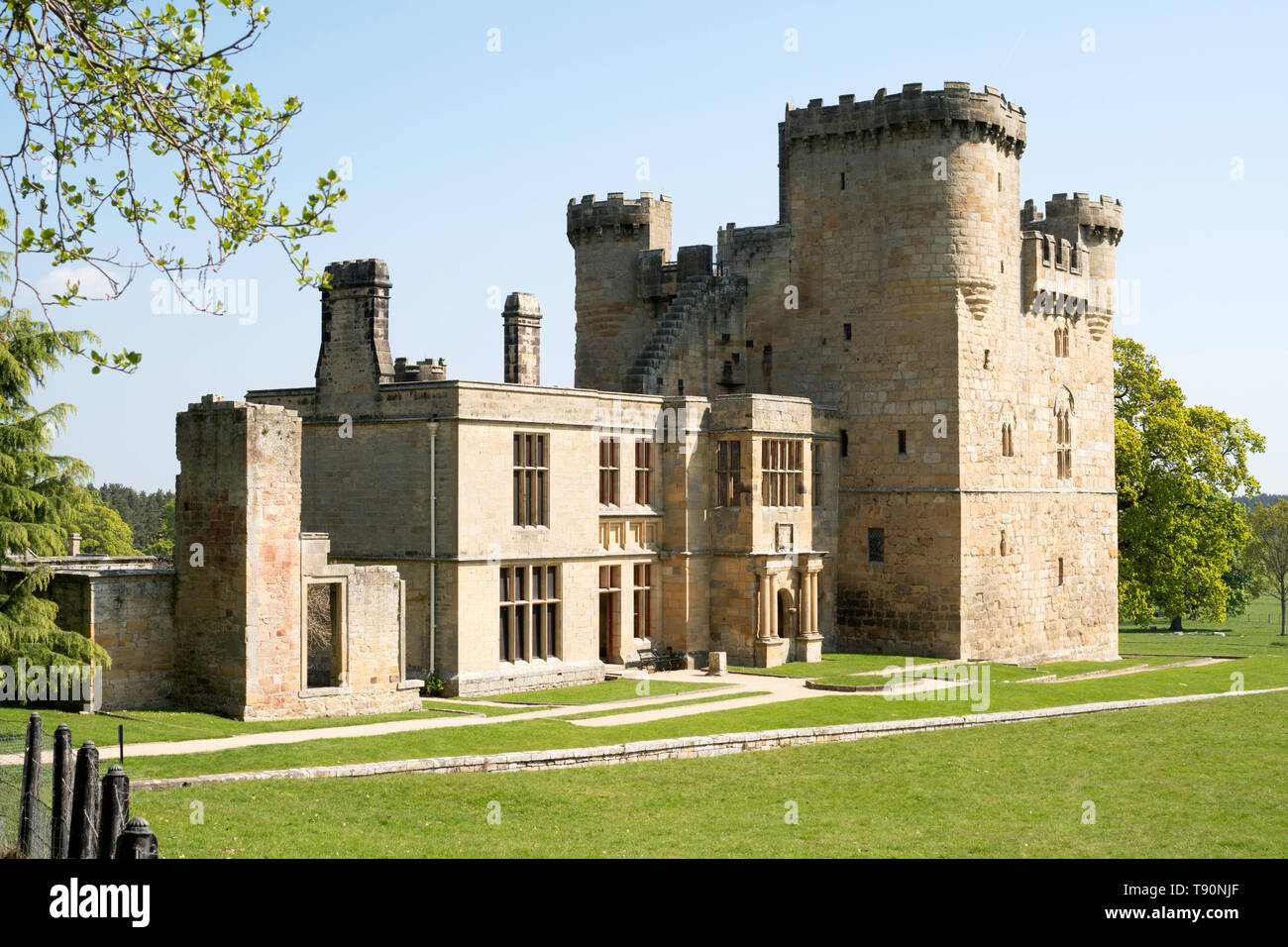 Belsay 14th century Tower House or castle with attached 17th century old hall, Northumberland, England, UK Stock Photo