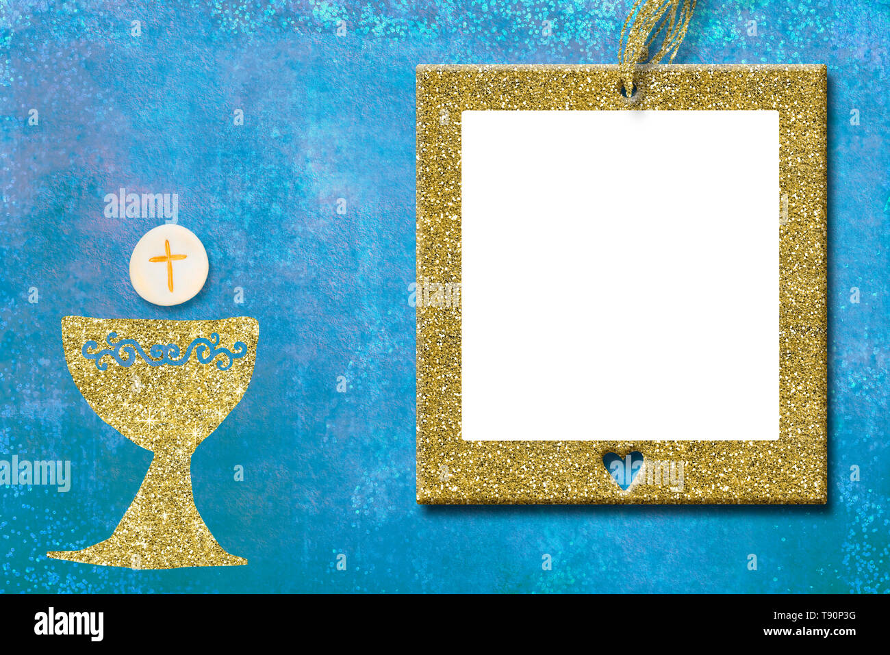 First Holy Communion invitations, gold chalice and gold photo frame on blue  background with empty space for text and photos Stock Photo - Alamy