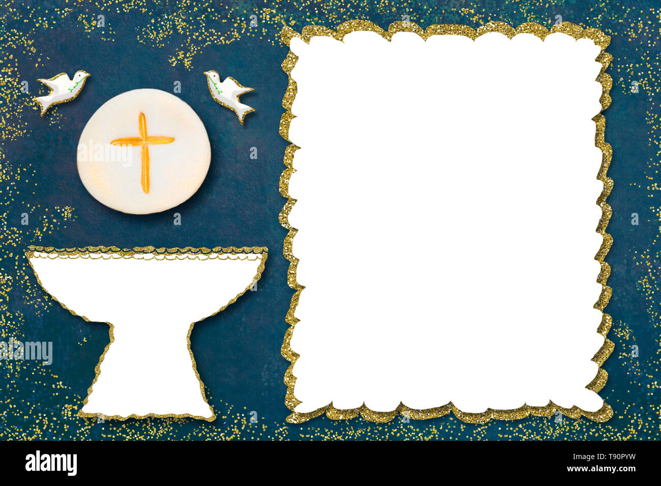 First holy communion invitation card. Gold and white chalice on blue paper  background with blank frame to text and photo Stock Photo - Alamy