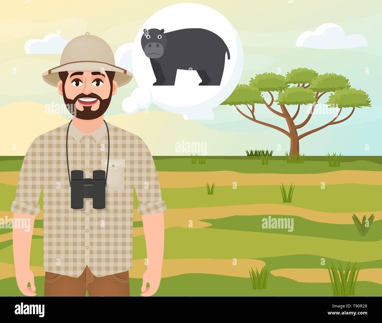 Happy man in cork hat, animal hunter thinks about hippo, landscape safari, acacia umbrella, African countryside, vector illustration Stock Vector