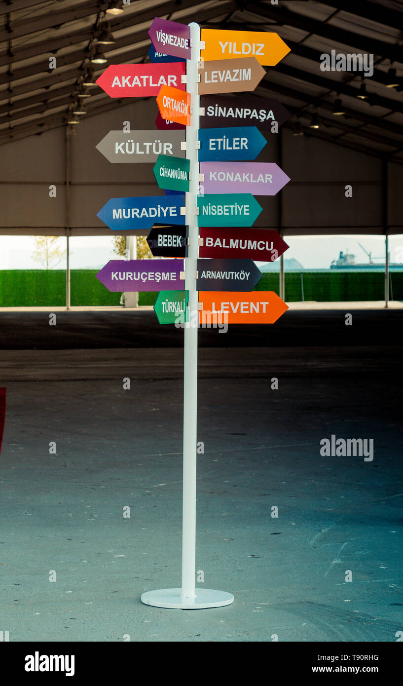 Colorful direction signs in Istanbul city, Turkey, in display Stock ...