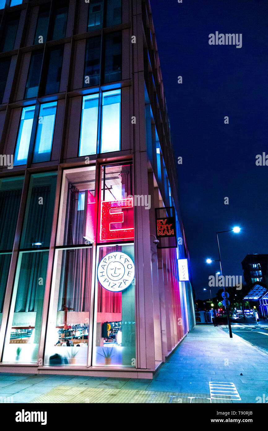 Exterior of Happy Face Pizza and Everyman Cinema on Handyside Street