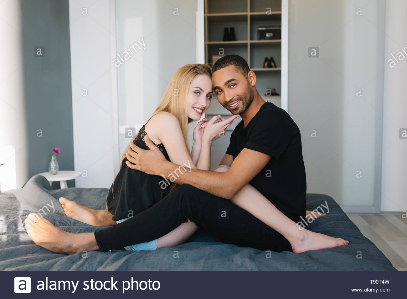 Happy Morning Together At Home Of Handsome Guy And Young Woman