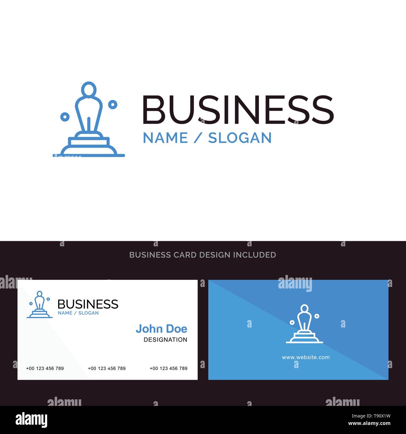Academy, Award, Oscar, Statue, Trophy Blue Business logo and Business Card Template. Front and Back Design Stock Vector