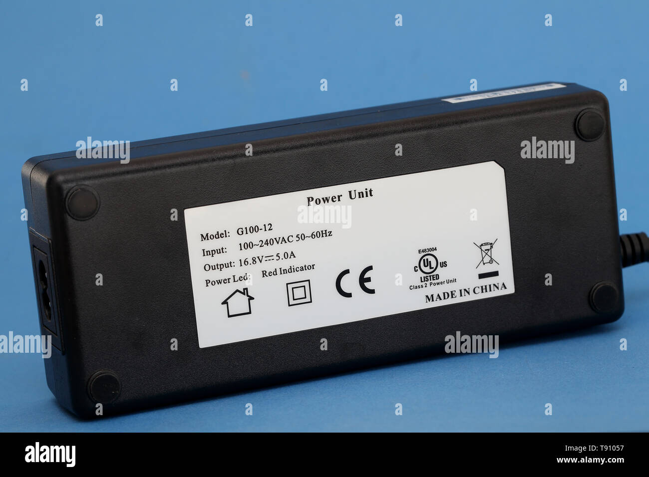 Power input and output details on electronic devices Stock Photo