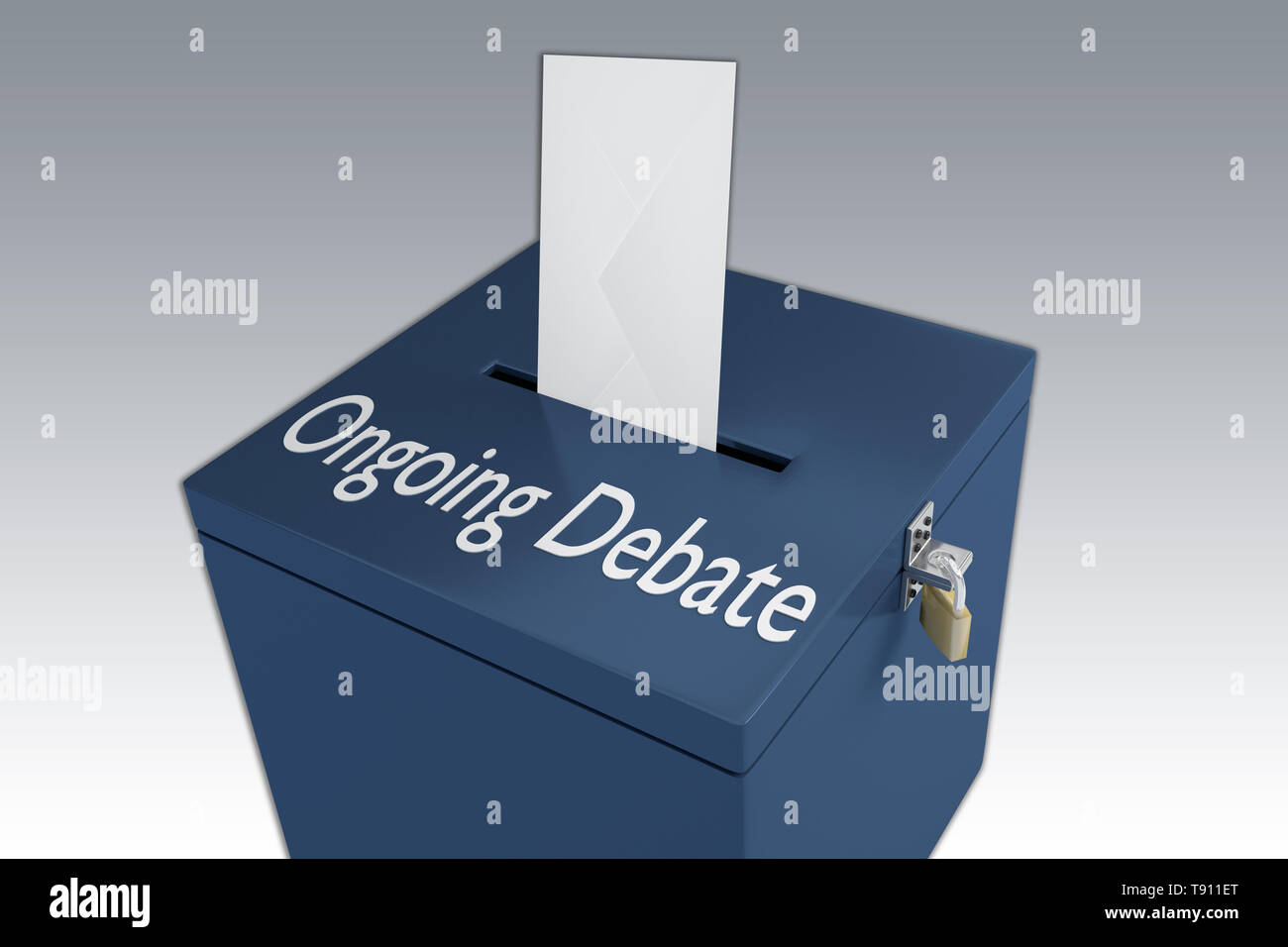3D illustration of ONGOING DEBATE script on a ballot box, and an voting envelope been inserted into the ballot box, isolated over a pale blue gradient Stock Photo