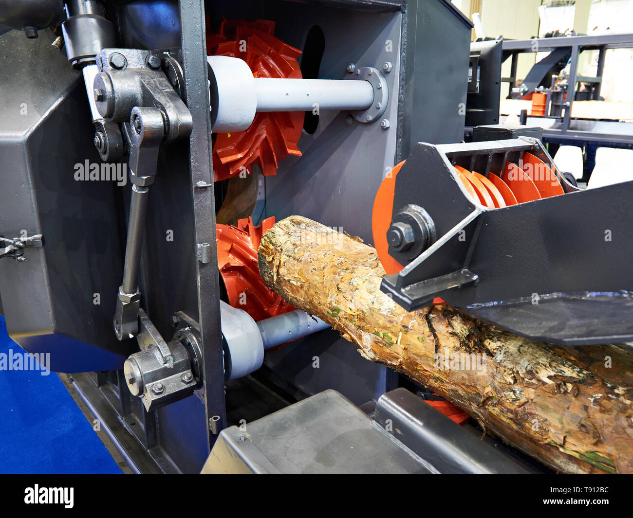Log in wood working machine in factory Stock Photo