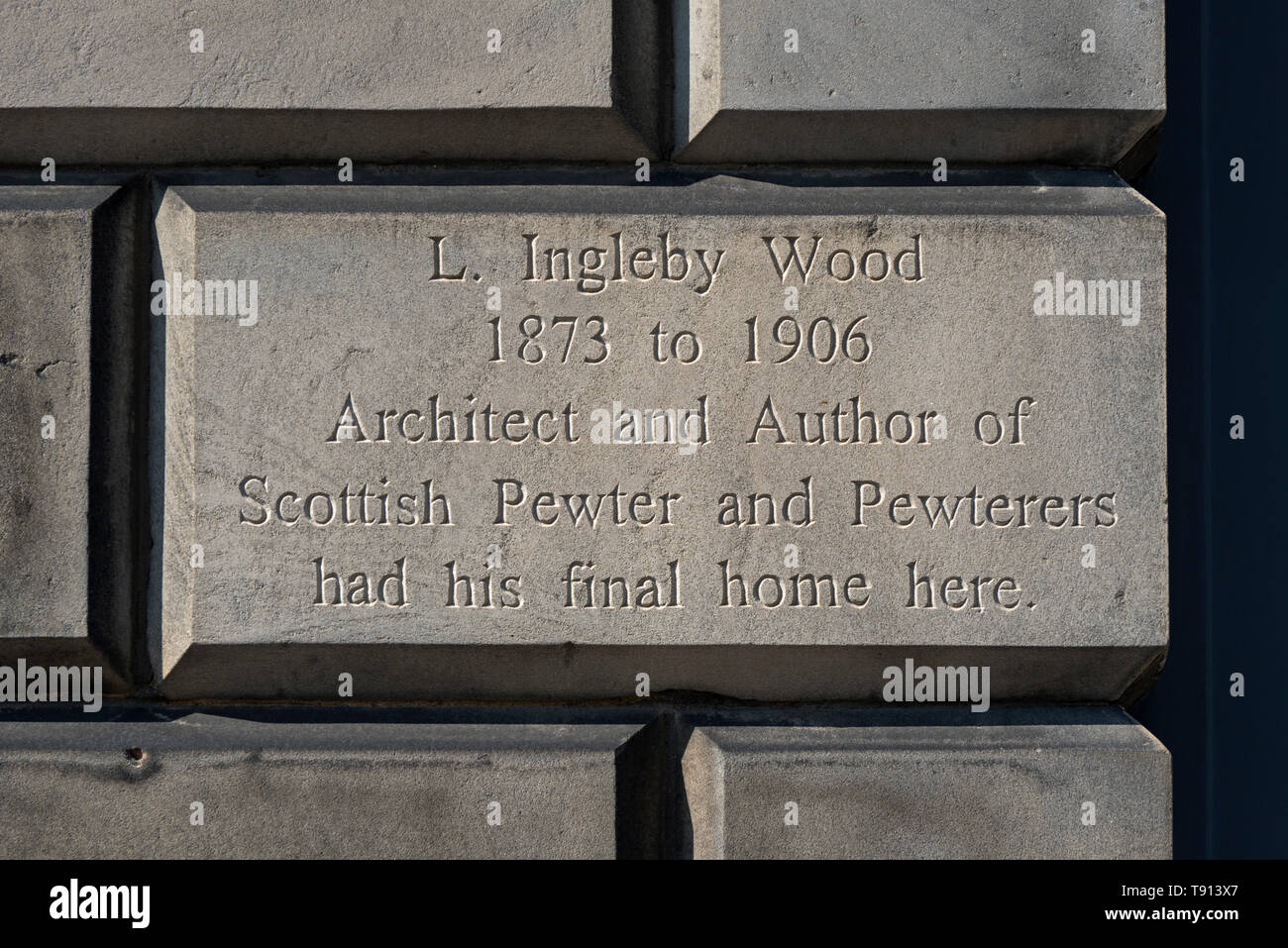 Inscription at  84 Great King Street in Edinburgh where L. Ingleby Wood, architect and author of 'Scottish Pewter and Pewterers' once lived. Stock Photo