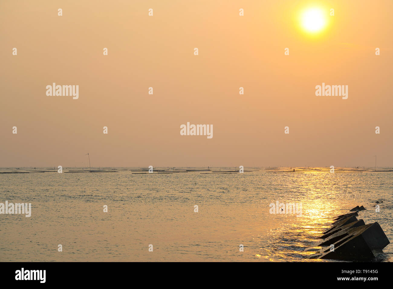 Seascape at Yellow glowing sun setting in the horizon with breakwater. Stock Photo