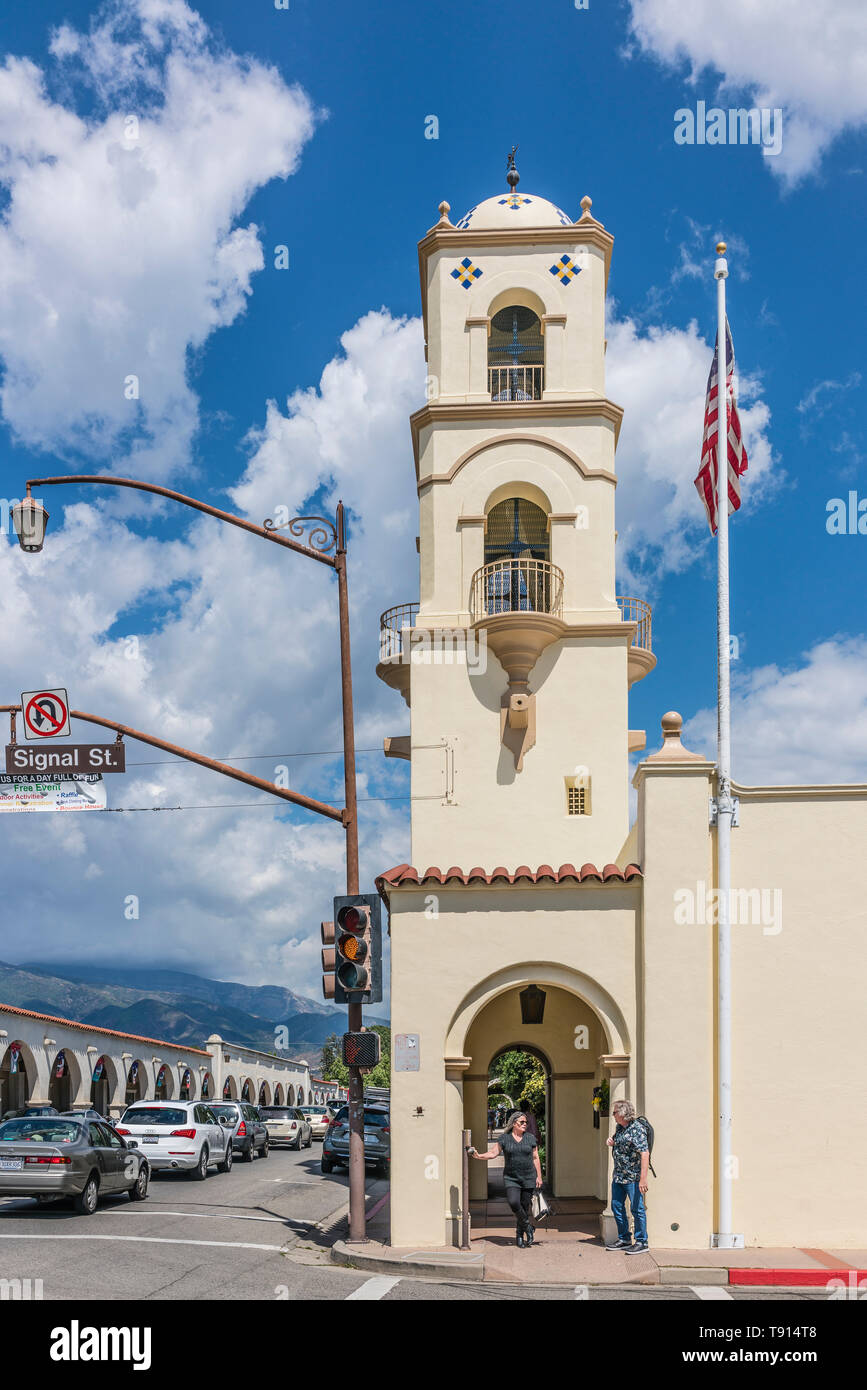 The 1917, four-story, post office bell tower in Ojai, California is a Ventura County Historical Landmark (No. 26). Stock Photo
