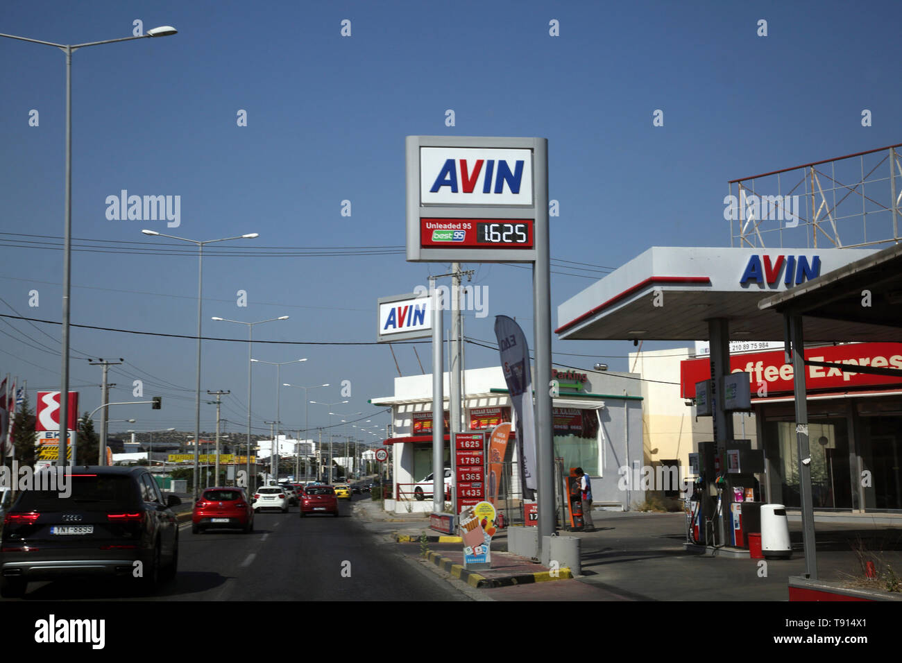Athens Attica Greece Traffic driving by Avin Petrol Station Stock Photo