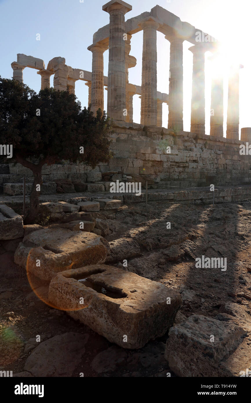 Attica Greece Cape Sounion Sunlight Through Temple Of Poseidon Stock ...
