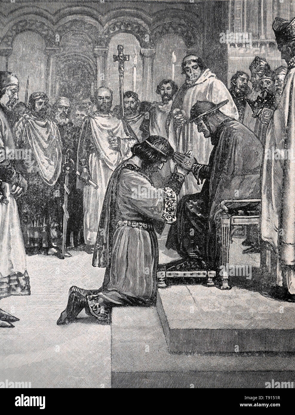Illustration Depicting King John at the Church of the Templars in Dover kneeling down before the Papal Legate Pandulph taking the oath of fealty to th Stock Photo