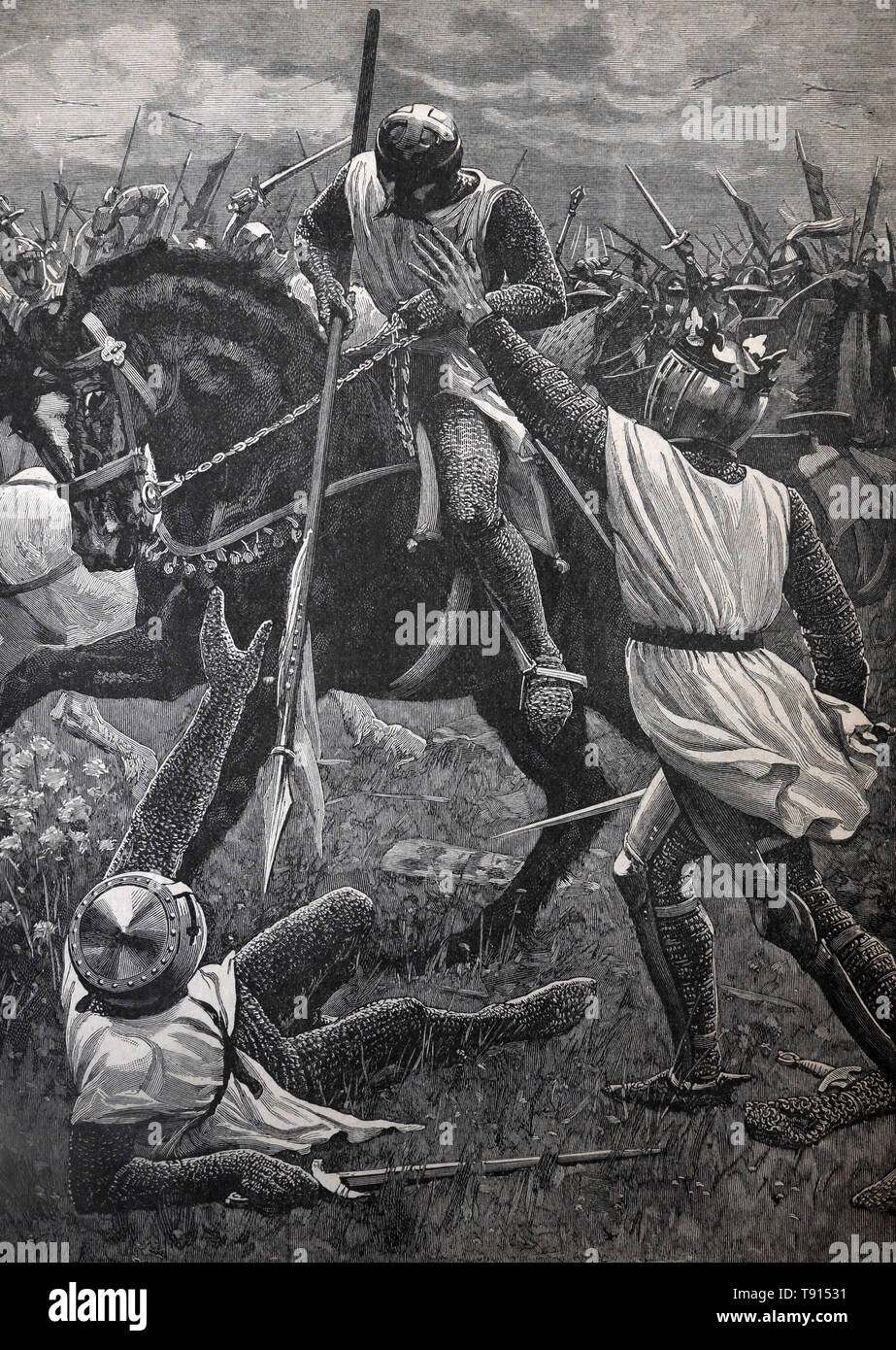 Illustration Depicting the danger of King Henry III at the Battle of Evesham he was thrown off his horse and escaped from being slain by calling out h Stock Photo