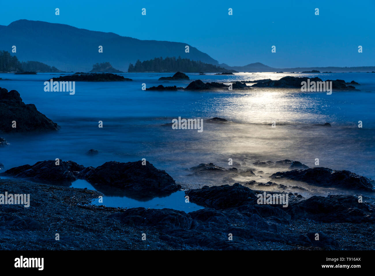 The light of a full moon shimmers over the water around Nootka Island, Nuchatlitz Provincial Park, British Columbia, Canada Stock Photo