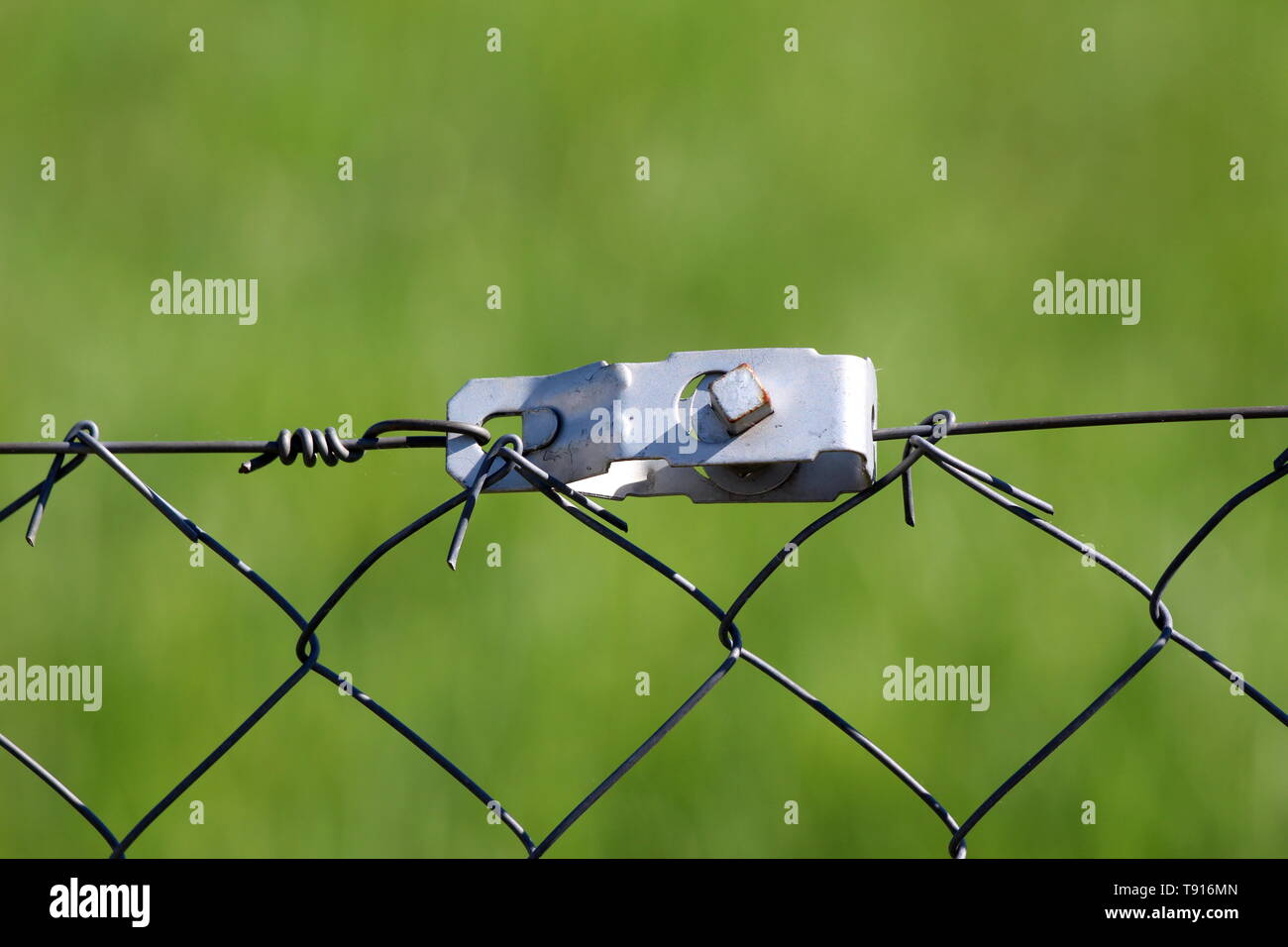 Wire fence strong grey metal tensioner closeup on light green background on warm sunny spring day Stock Photo