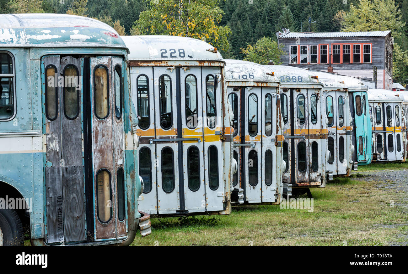 Brill electric trolleys parked at ghost town of Sandon, British Columbia, Canada Stock Photo