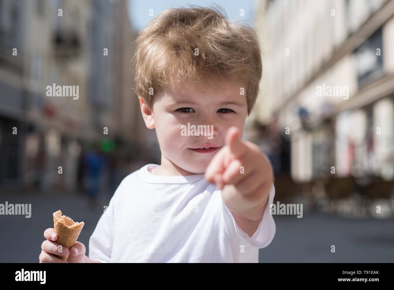 Look Over There Little Child Point Finger On City Street Small