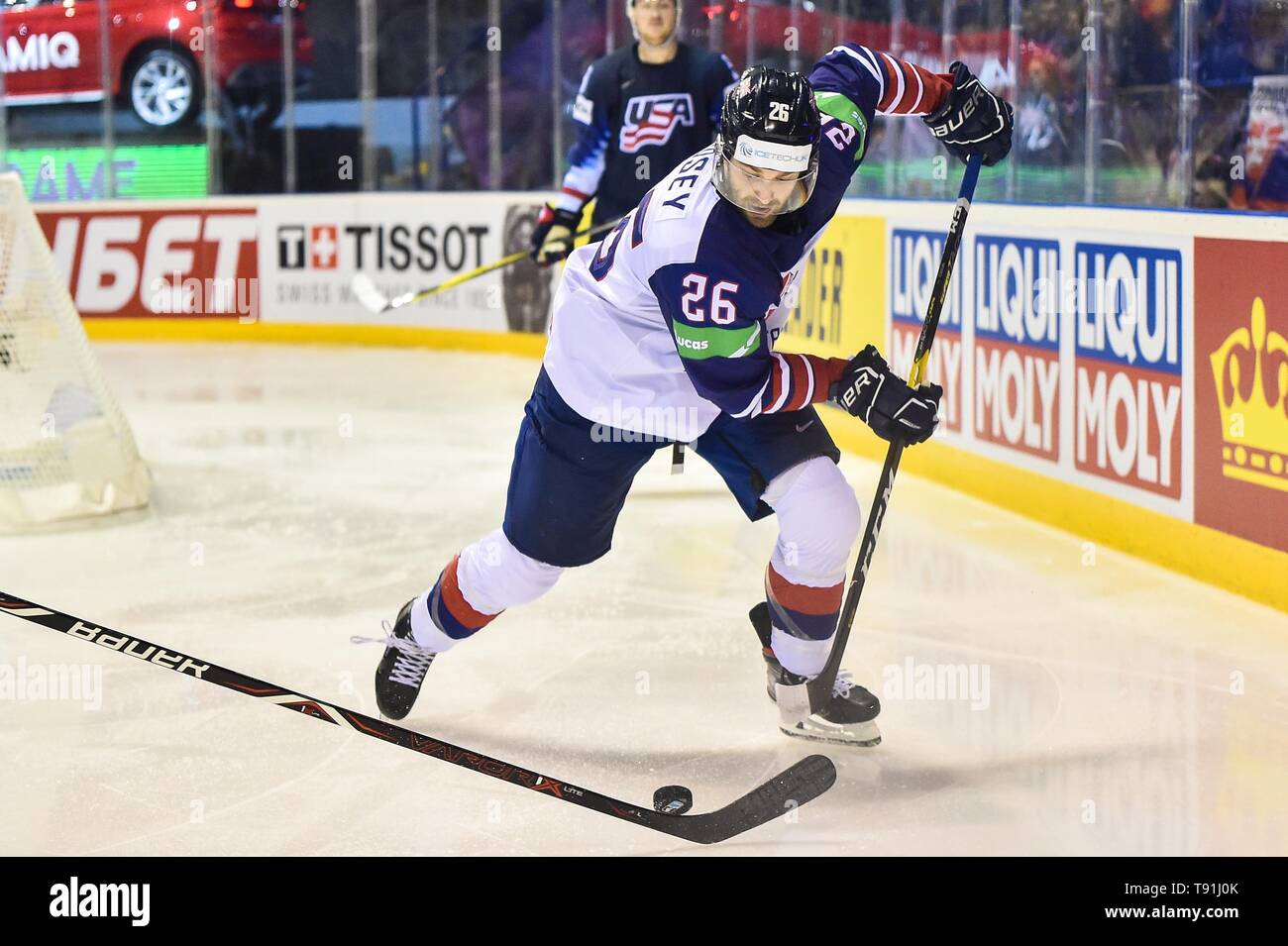 Kosice. 15th May, 2019. Evan Mosey of Great Britain competes during the 2019 IIHF Ice Hockey World Championship Slovakia group A game between the United States and Great Britain at Steel Arena on May 15, 2019 in Kosice, Slovakia. The United States won 6-3. Credit: Lukasz Laskowski/Xinhua/Alamy Live News Stock Photo