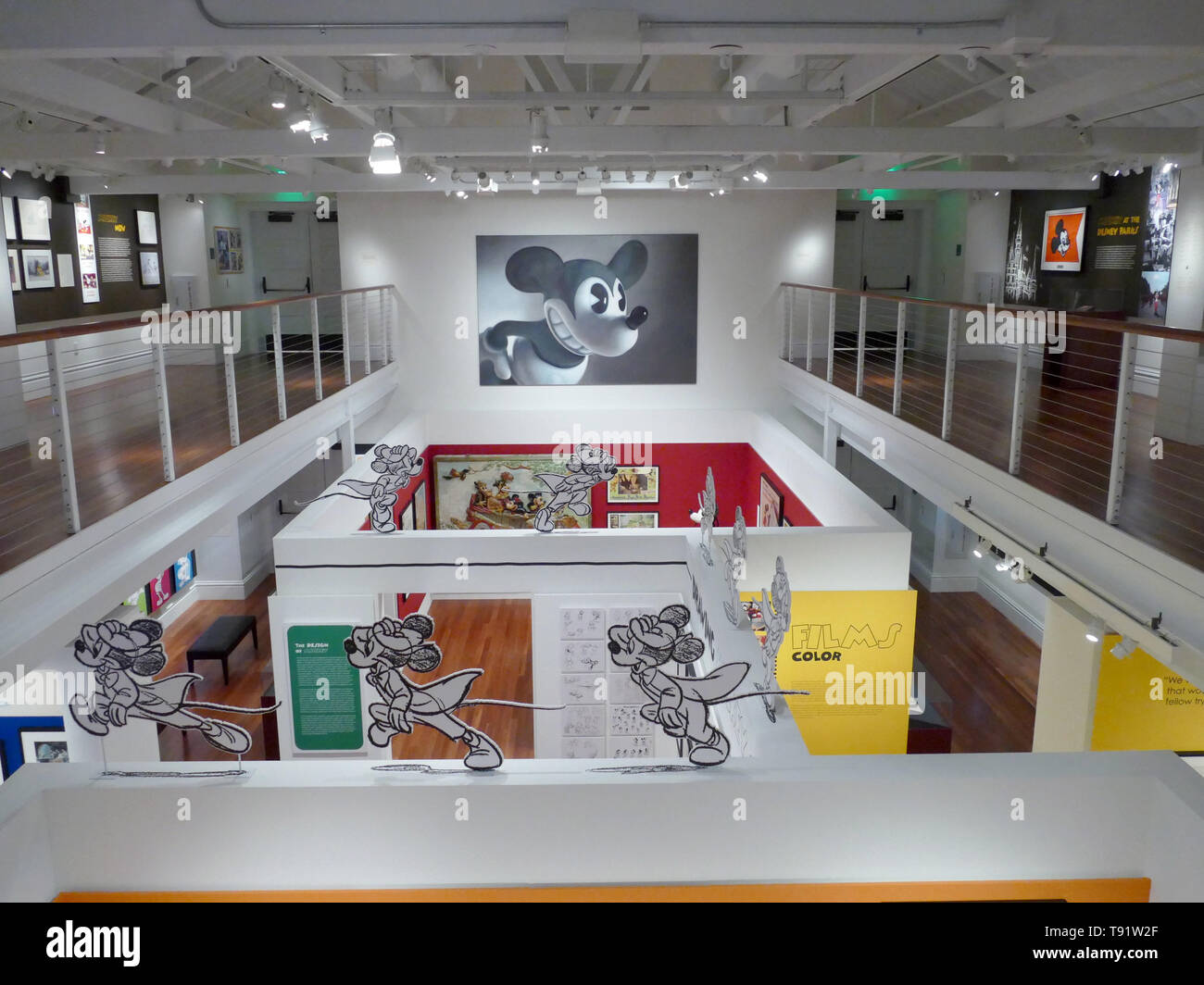 San Francisco, USA. 14th May, 2019. Exhibition rooms in the Walt Disney Family Museum from above, in the background a large black and white work by the Austrian Gottfried Helnwein can be seen. The museum honours the 90 year old cartoon character Mickey Mouse with the comprehensive show 'Mickey Mouse: From Walt to the World'. (to dpa-Korr '90 Years Mickey Mouse - Great Exhibition of German Disney Draughtsman') Credit: Barbara Munker/dpa/Alamy Live News Stock Photo