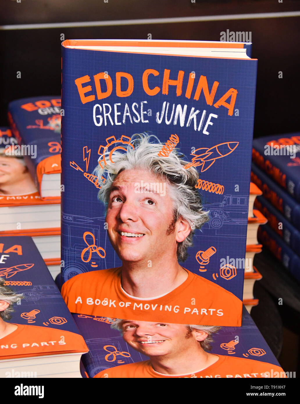 London, UK - 16 May 2019 Edd China, motor specialist and presenter, who's  appeared on TV shows Wheeler Dealers and Auto Trader, signs copies of his  new book, Grease Junkie, at Waterstones