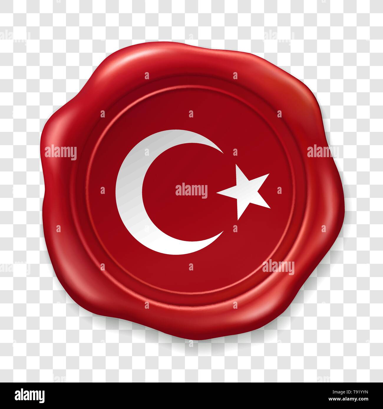 Turkish national flag with white star and moon. Glossy wax seal. Sealing wax old realistic stamp label on transparent background. Top view. Label Stock Vector