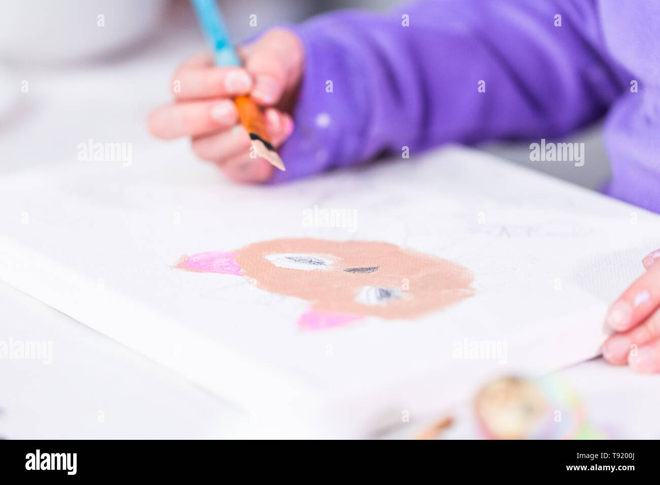 Little Girl Painting On Canvas With Arcylic Paint Stock Photo Alamy