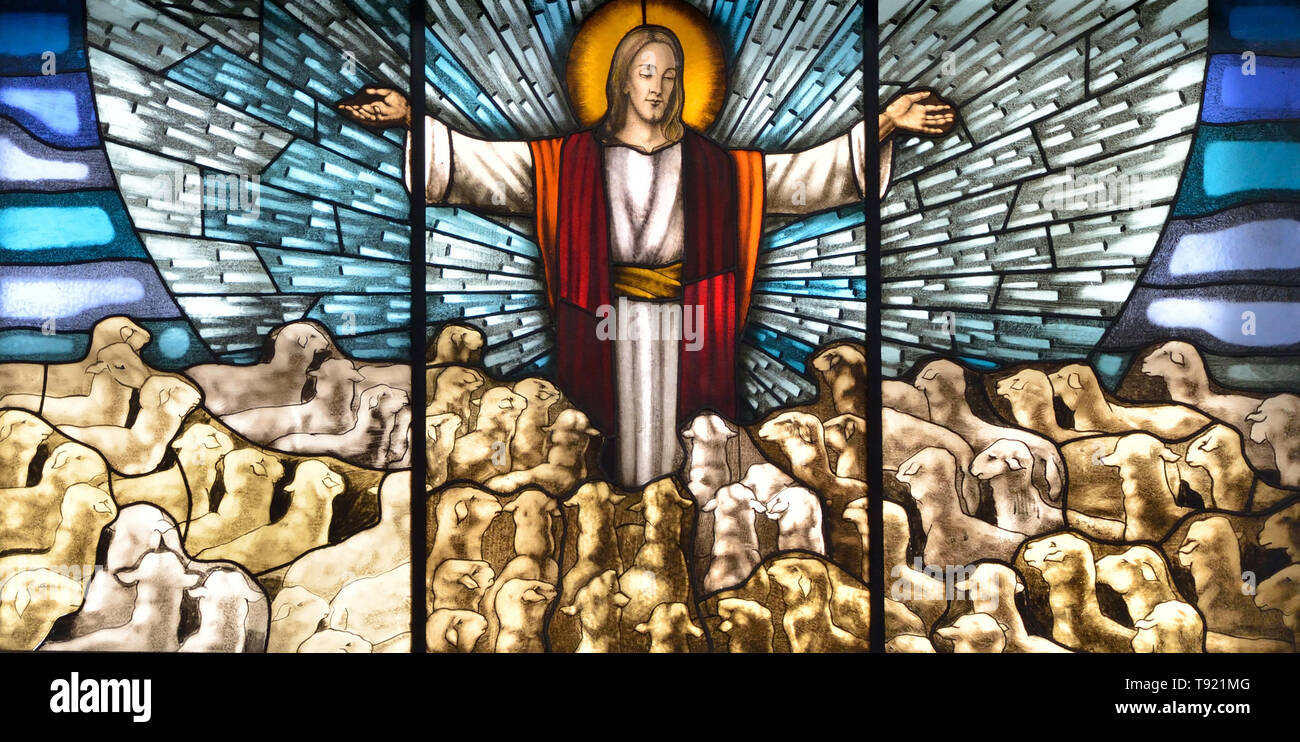Jesus the ggod shepherd, glass window Stock Photo